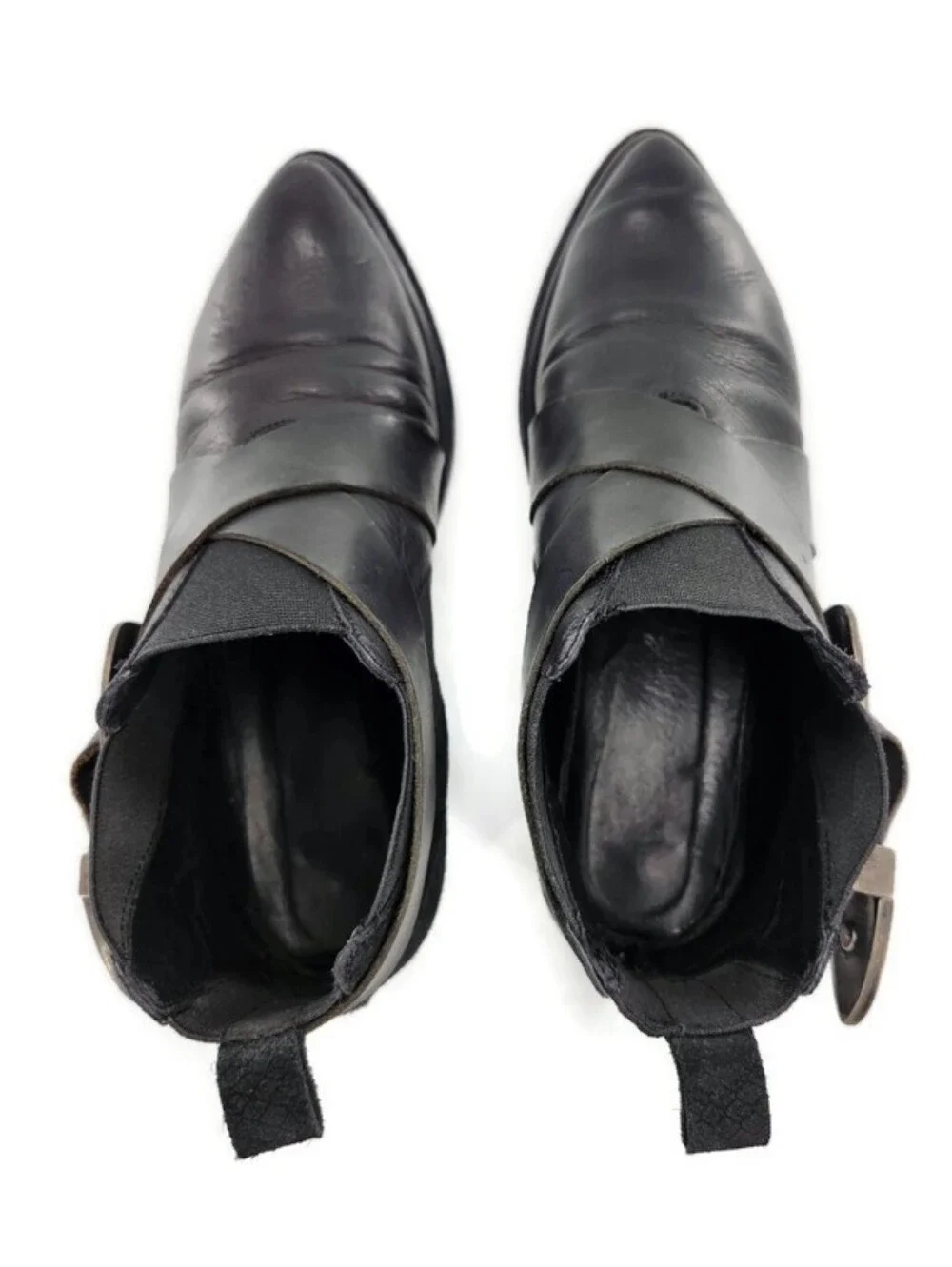 Free People Maverick Chelsea Black Leather Silver Etched Buckle Ankle Boots